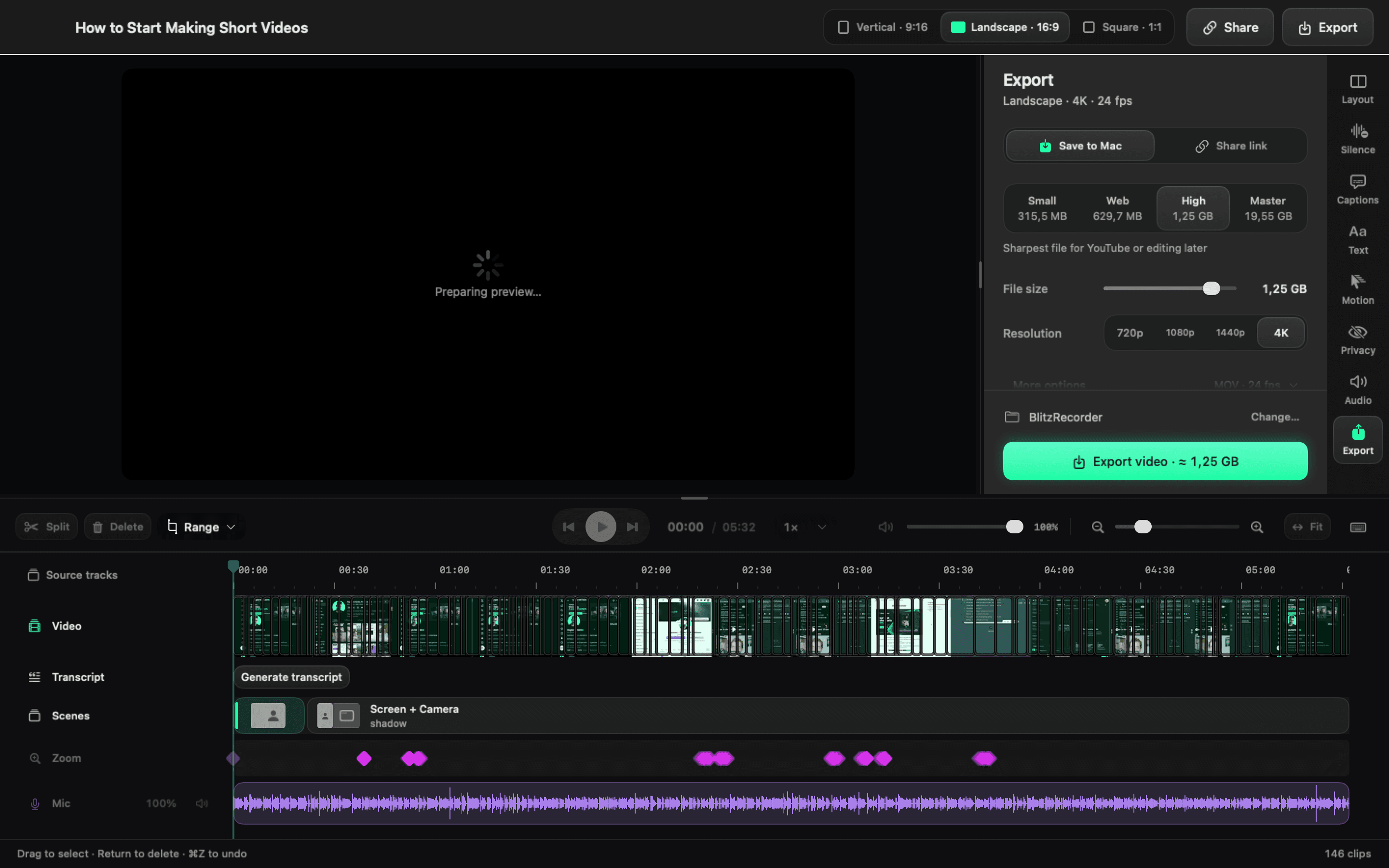 The BlitzRecorder editor exporting a take in 4K, with its scenes and zooms on the timeline